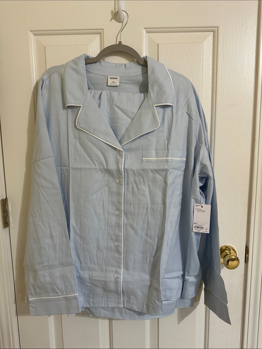 Sonoma Light Blue Cotton Pajama Top and Bottom Set with White Piping